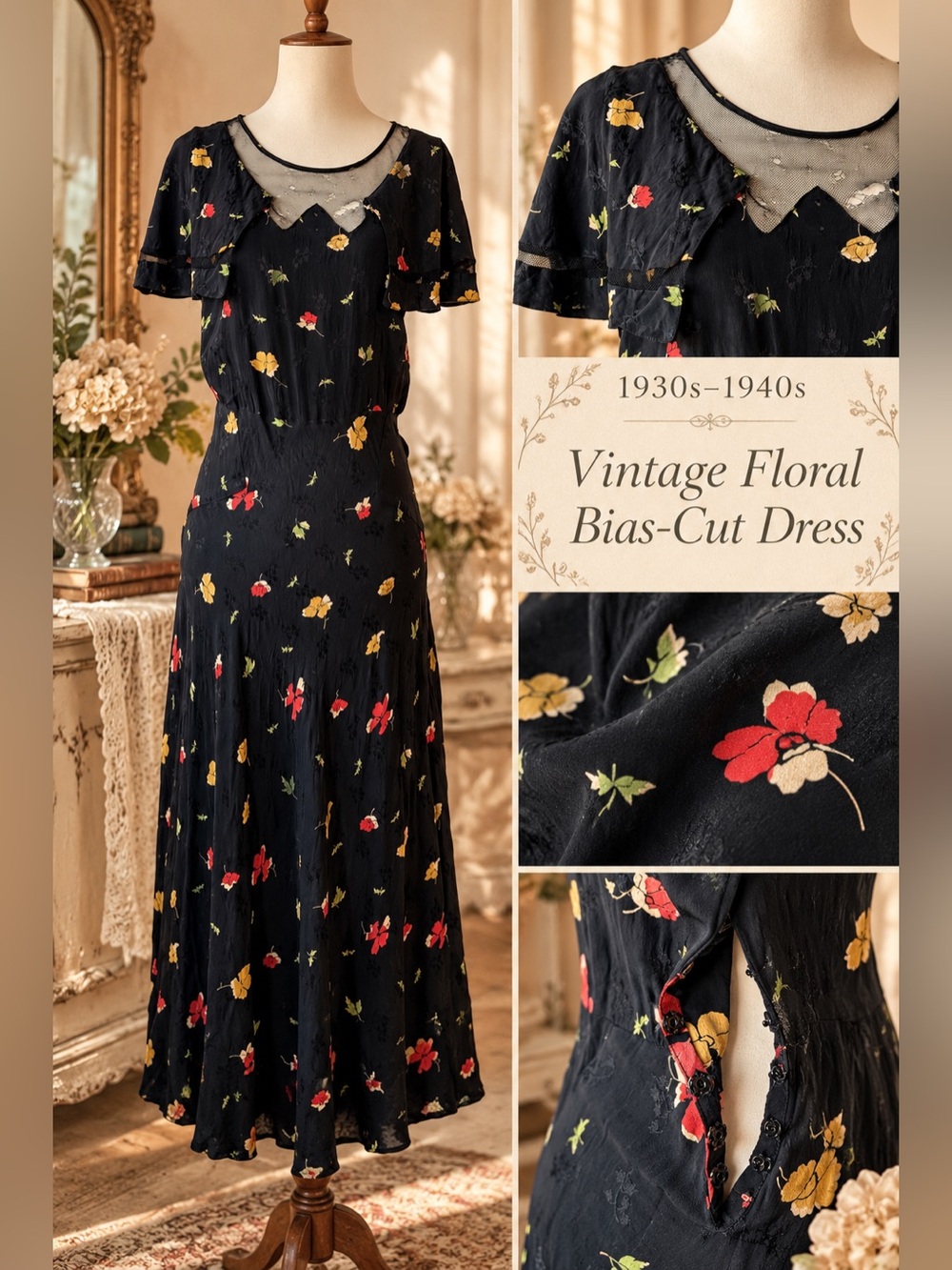 Vintage 1930s–1940s Black Floral Bias-Cut Dress • Sheer Mesh Collar • Side Snaps